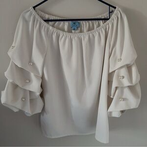 Cece White Pearl Bell Sleeve Off Shoulder Blouse Size Medium